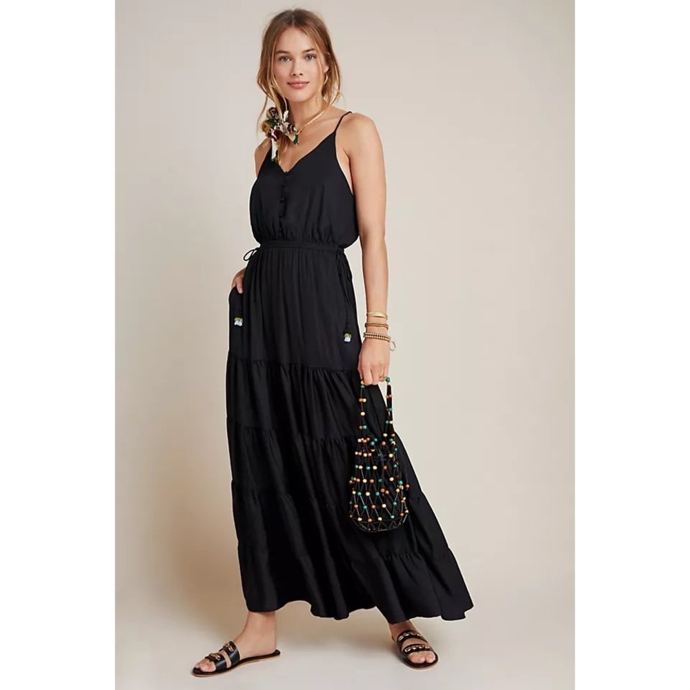 Anthropologie Dolan Left Coast Black Tiered Dress Smocked Waist Tassel Ties S